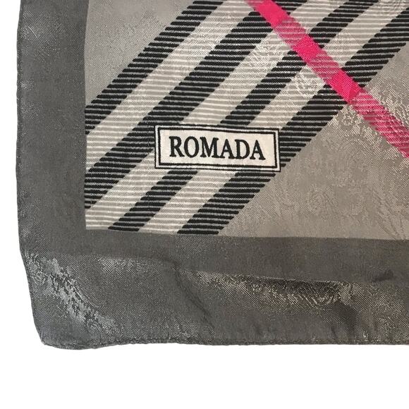 Silver & Pink Plaid Satin Scarf 35" Square Medium EUC Preppy Multifunction - Picture 9 of 11